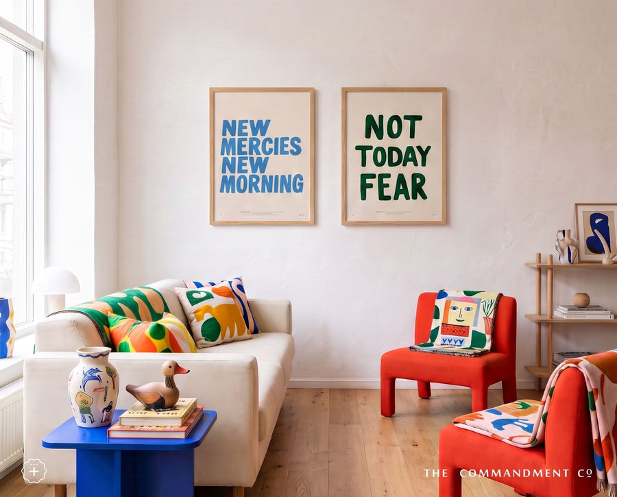 New Mercies New Morning Christian poster displayed with Not Today Fear in a colourful modern living room