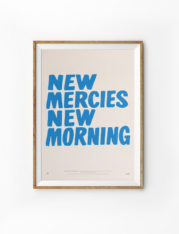 New Mercies New Morning Christian poster with blue hand-lettered text inspired by Lamentations 3:22–23