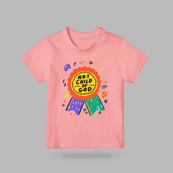 Pink kids T-shirt with colourful No.1 Child of God badge design