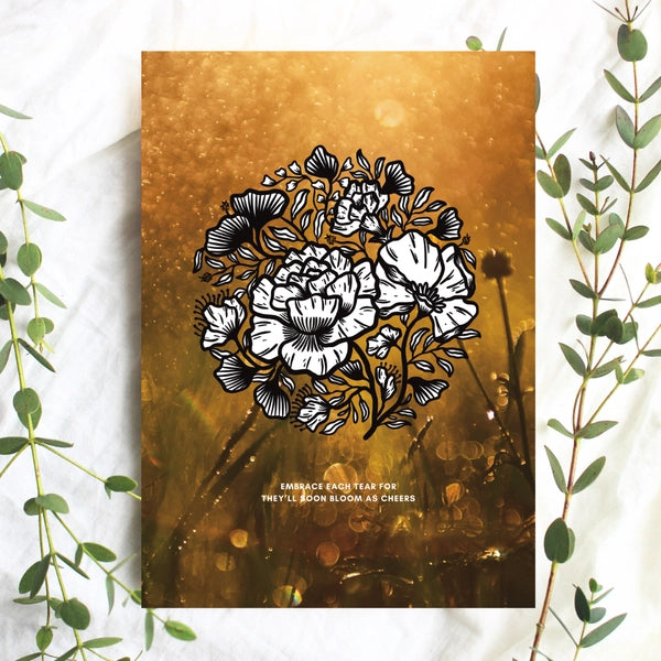 Love Curates No Rain No Bloom A5 poem art print front with floral illustration and golden rain imagery