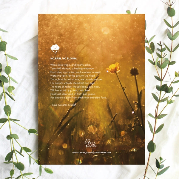 Back of Love Curates No Rain No Bloom art print featuring original poem by Quan Mei