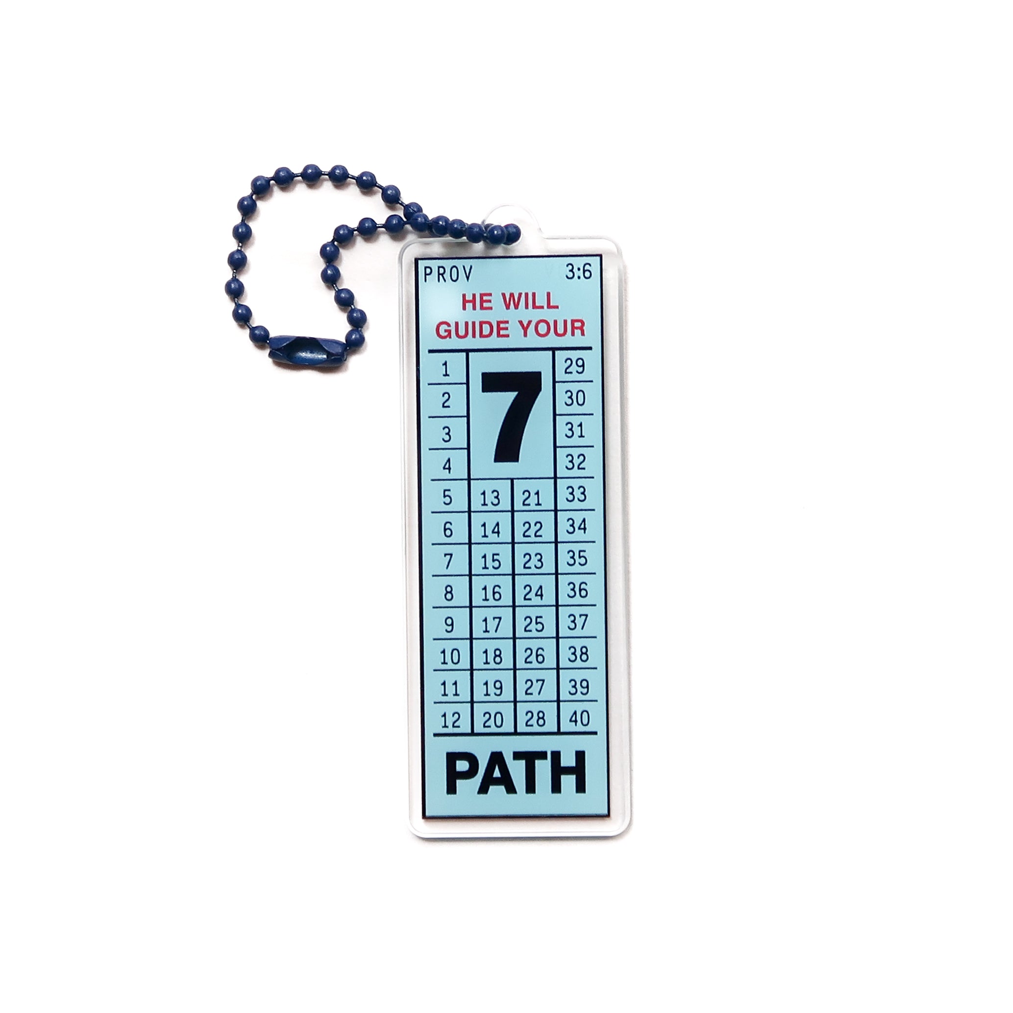 Acrylic keychain designed like an old school bus ticket with Proverbs 3:6, "He will guide your path," from The Commandment Co, Singapore.