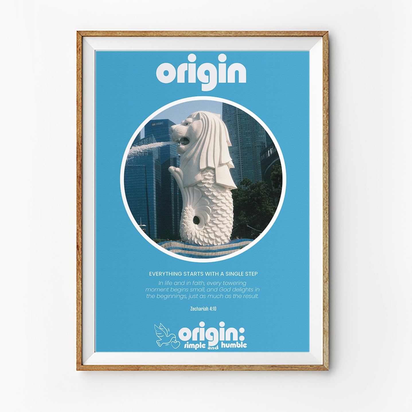 Christian poster with Singapore Merlion and Zechariah 4:10, Origin, simple and humble, by The Commandment Co