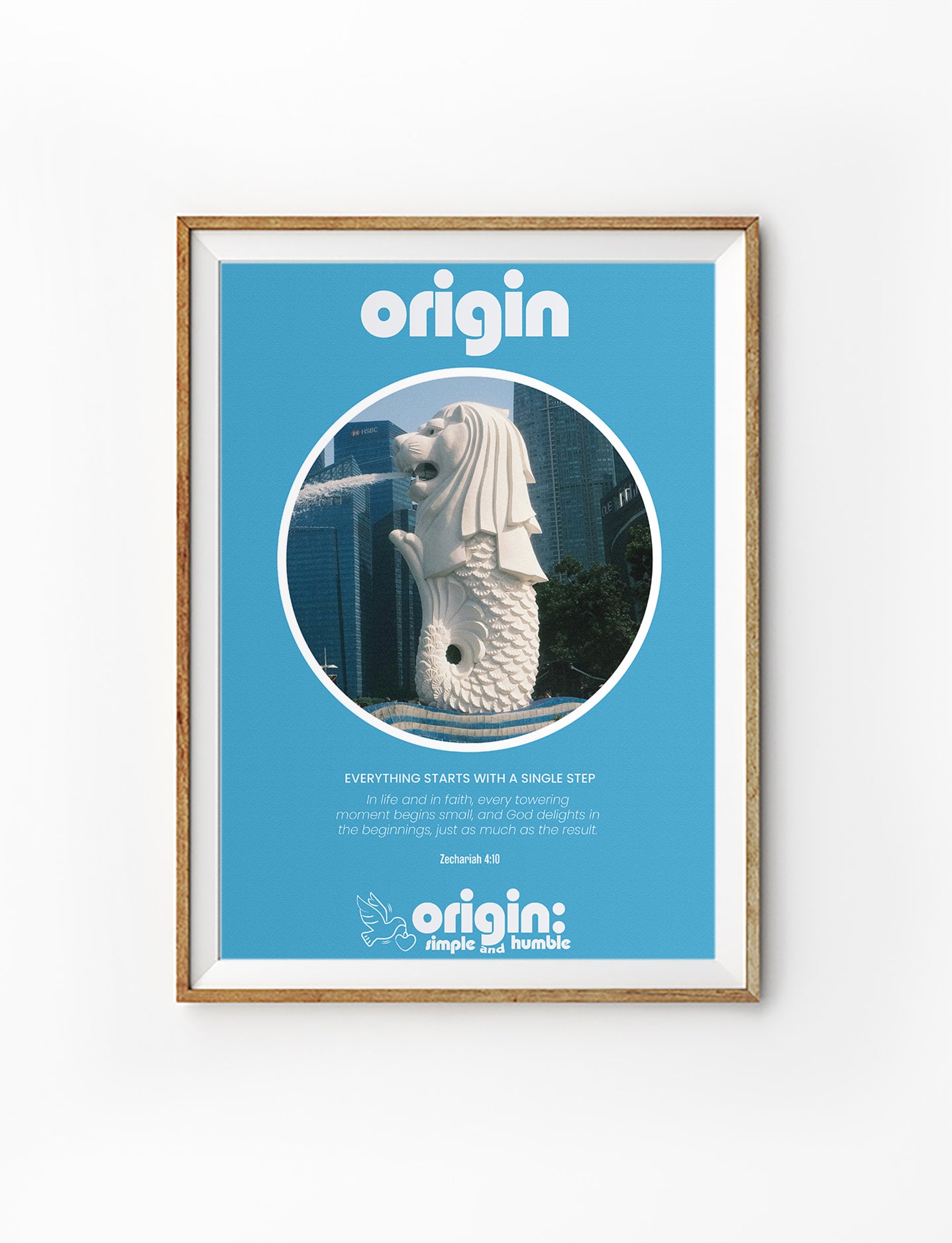 Christian poster with Singapore Merlion and Zechariah 4:10, Origin, simple and humble, by The Commandment Co