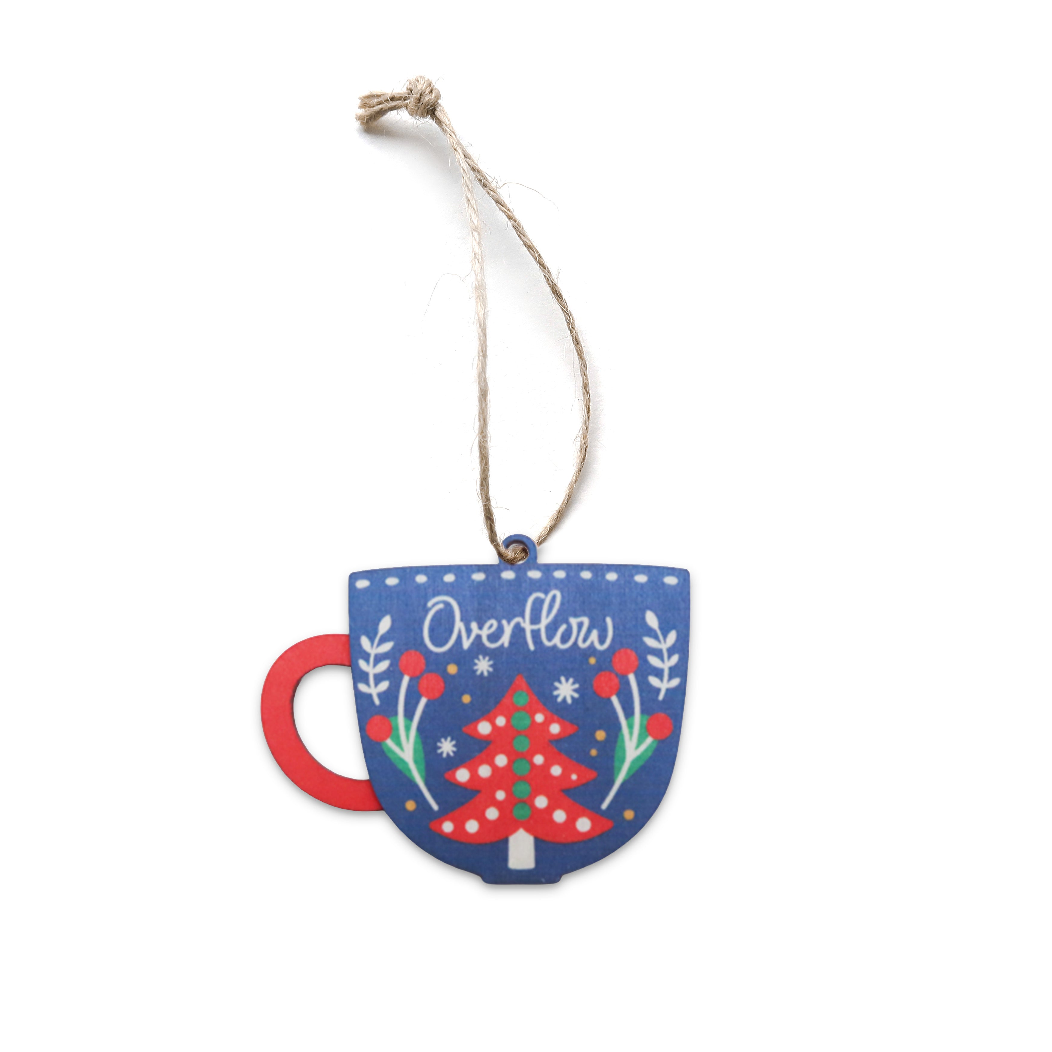 Blue cup-shaped Christmas bauble with a red handle, floral details, and the word ‘Overflow’