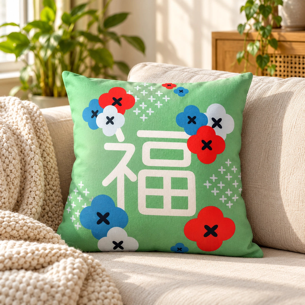 Overflowing Blessings 福 cushion cover styled on a neutral sofa in a sunlit home