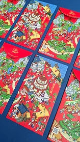 Parables of Jesus red ang pao packets arranged on a dark blue background