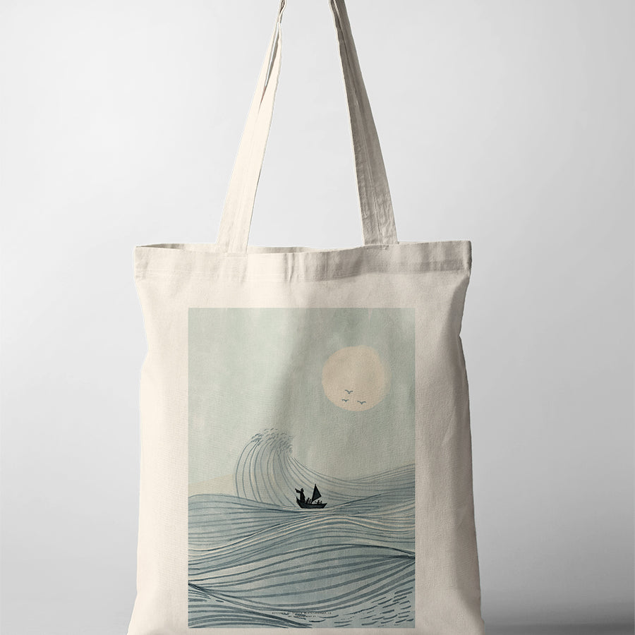 Christian canvas tote bag featuring the “Peace Be Still” artwork of a small boat sailing through waves under the moon, faith-inspired illustration collaboration with letstakeanap_id.