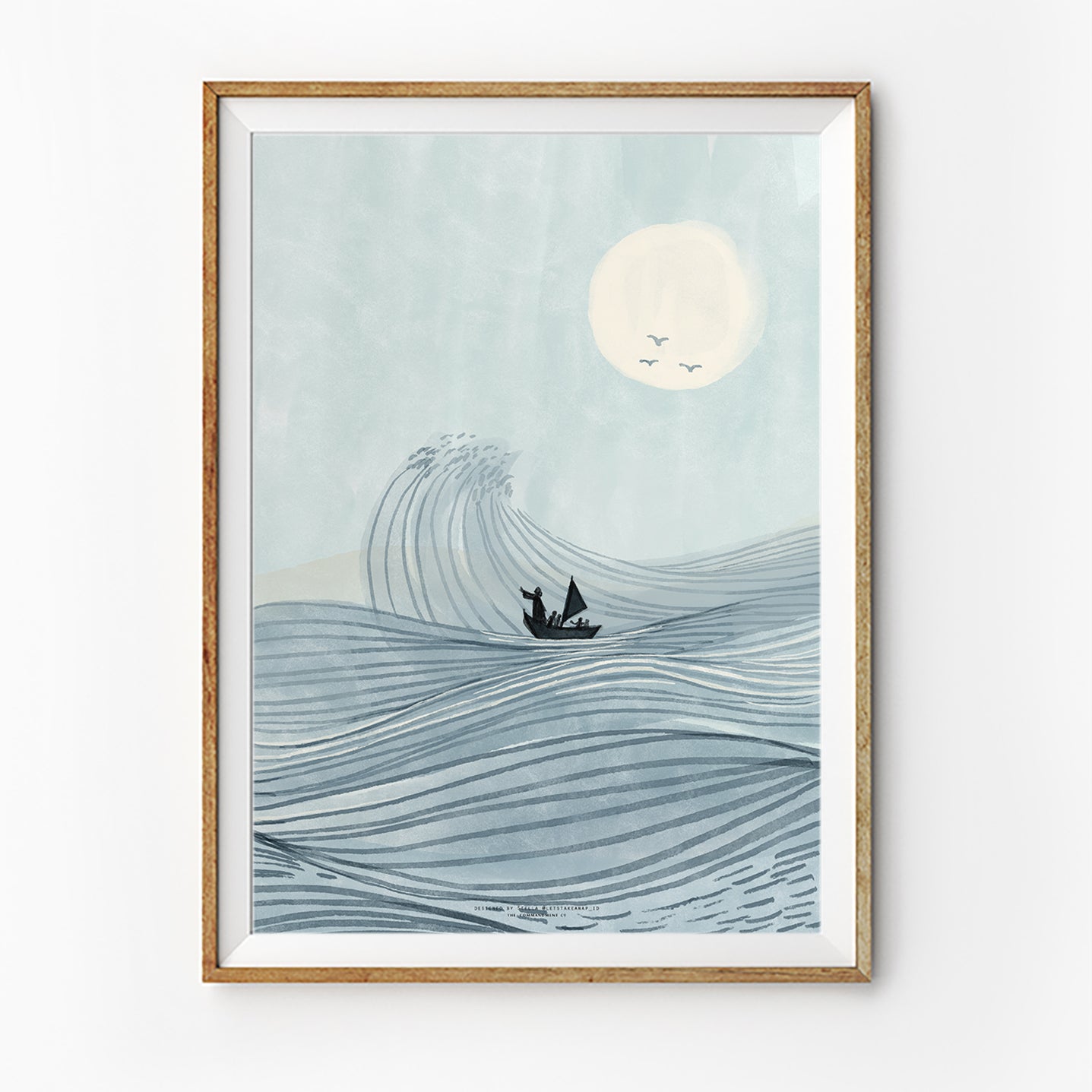 Christian wall art poster titled “Peace Be Still” featuring a small boat sailing through large waves under the moon, faith-inspired illustration, collaboration with letstakeanap_id.