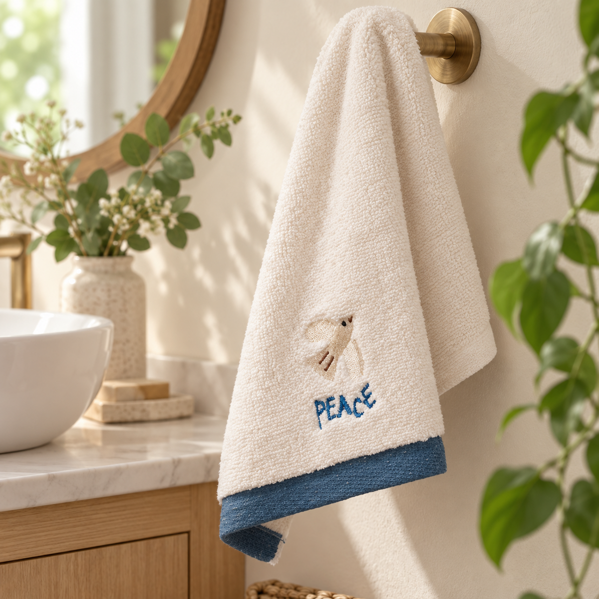 Peace embroidered Christian cotton towel hanging in a bright bathroom