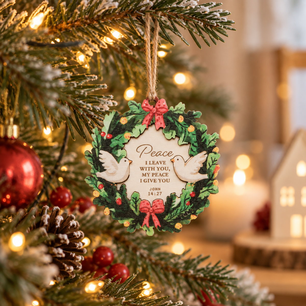 Peace I Leave with You John 14:27 Christian Christmas tree bauble hanging on a warmly lit festive tree