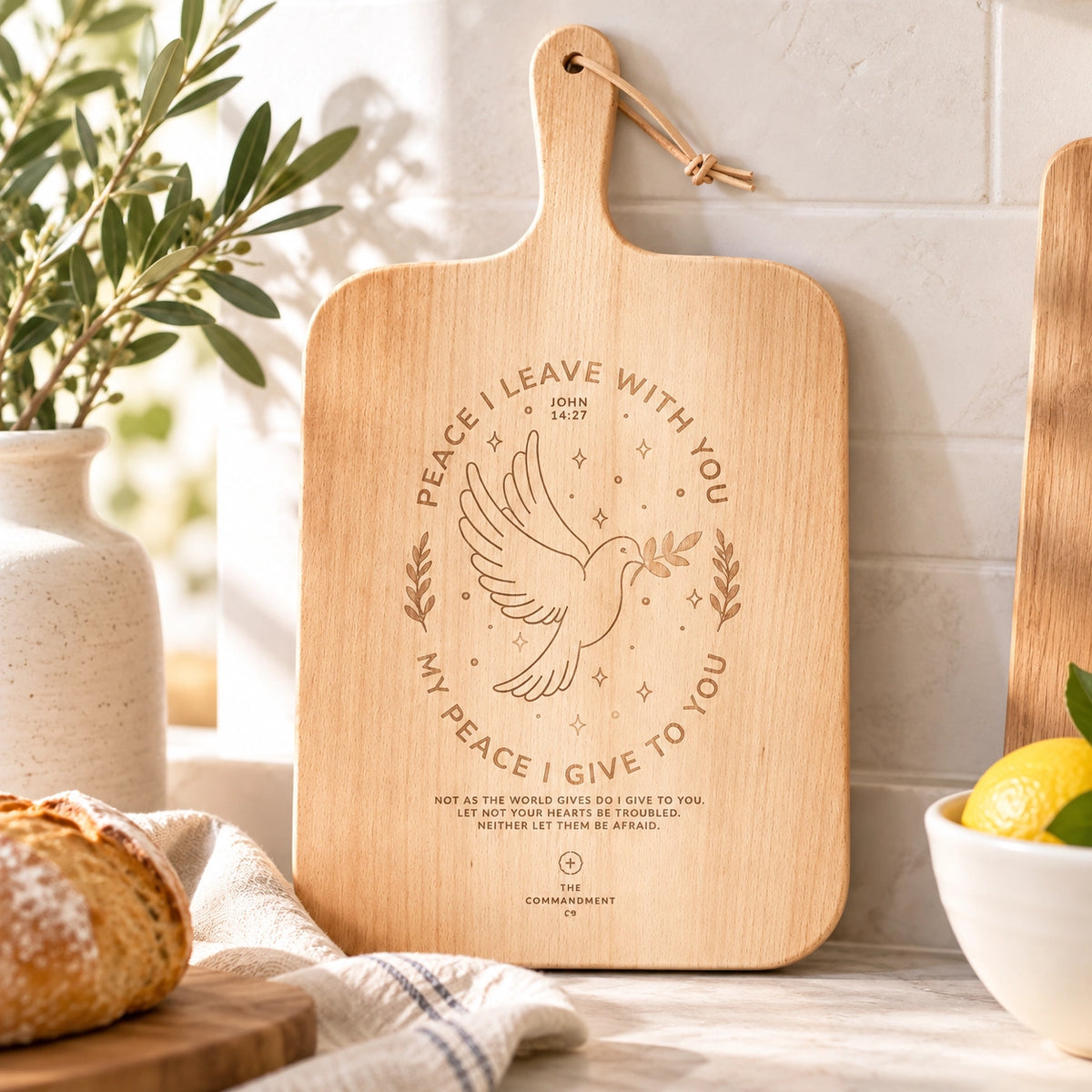 Peace I Leave With You wooden cutting board styled in a bright kitchen lifestyle setting.