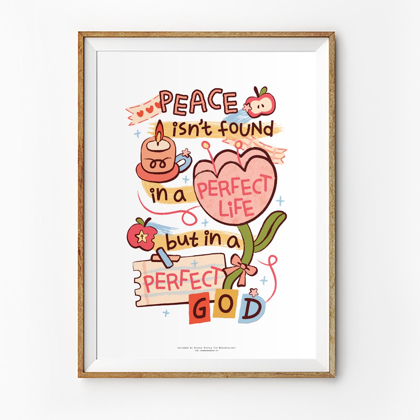 Christian poster featuring “Peace isn’t found in a perfect life but in a perfect God” with colourful hand-lettered artwork