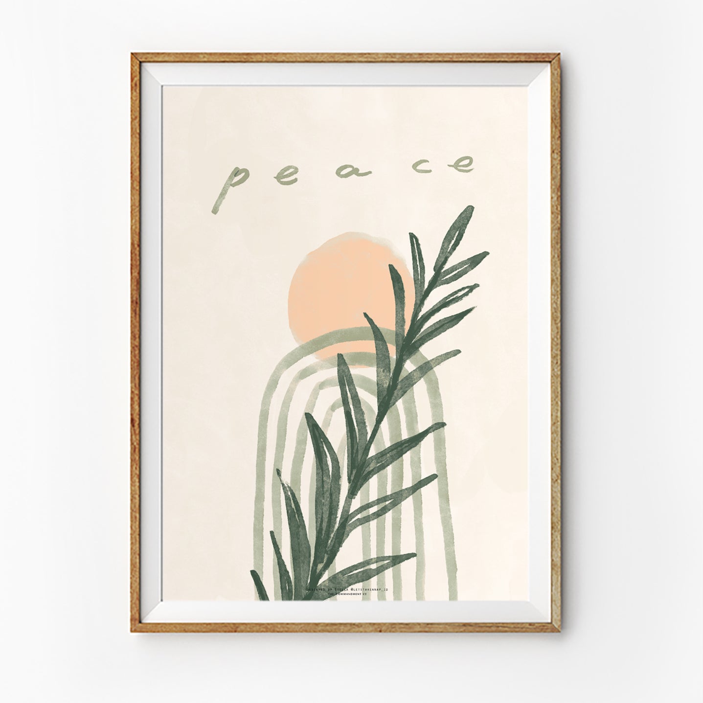 Minimalist Christian poster featuring the word “Peace” with abstract arches, a soft peach sun, and green botanical leaves