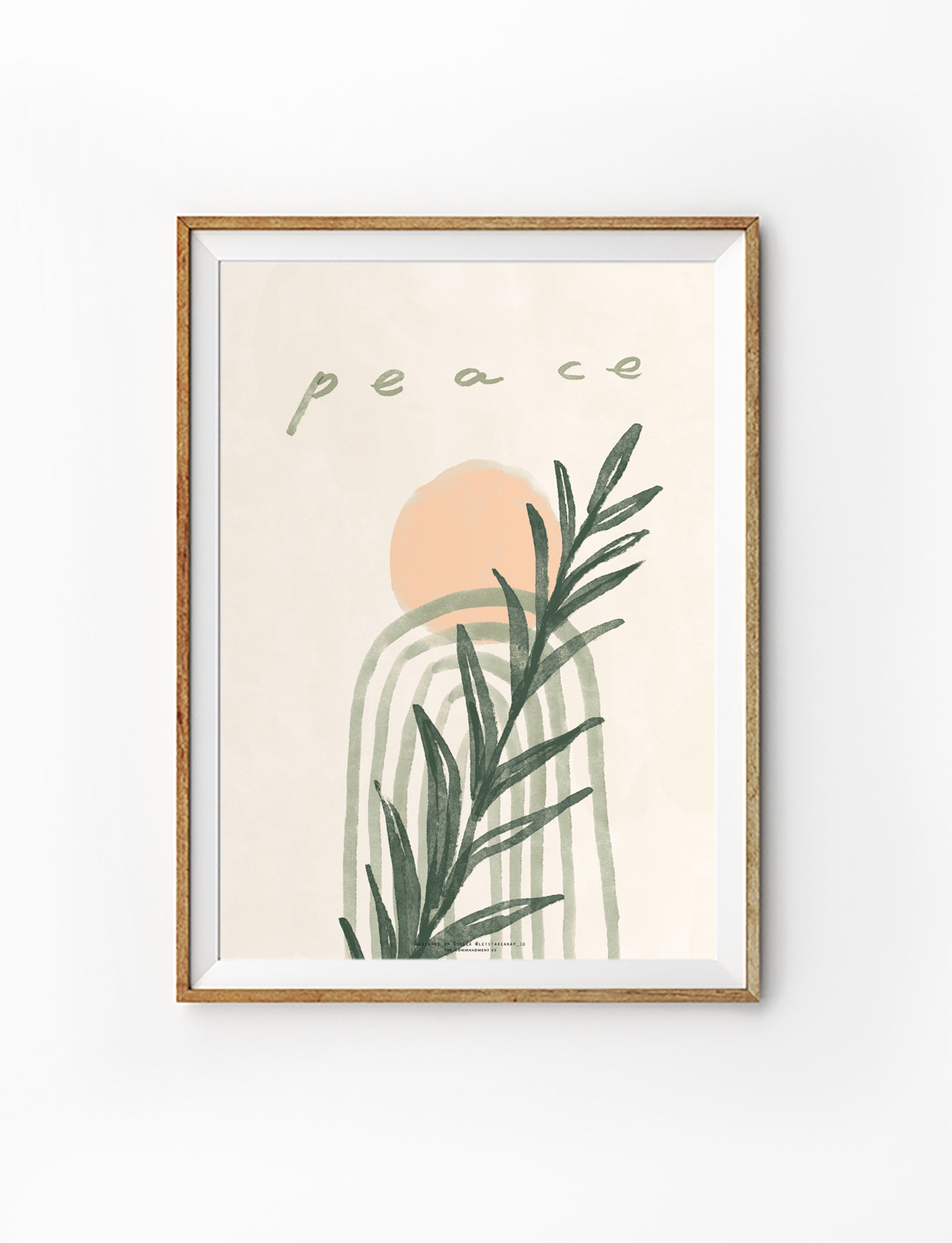 Minimalist Christian poster featuring the word “Peace” with abstract arches, a soft peach sun, and green botanical leaves