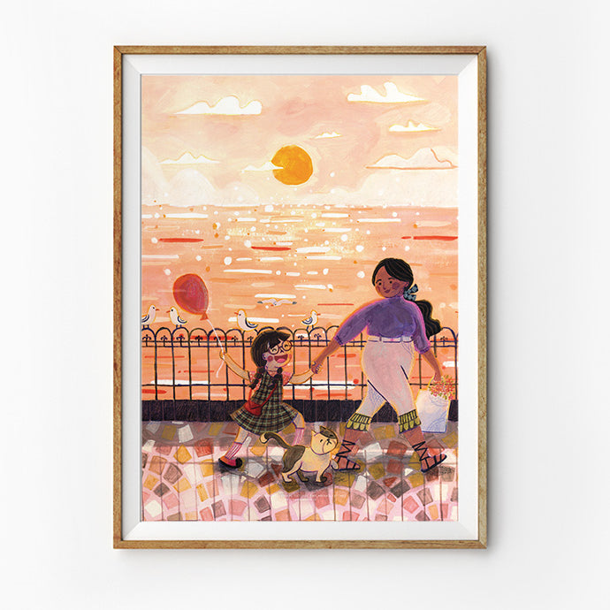 A heartwarming illustration of a mother and child holding hands during a serene sunset by the sea, accompanied by balloons and a playful dog, symbolizing love and blessings. Available at a Christian Gifts Shop in Singapore.