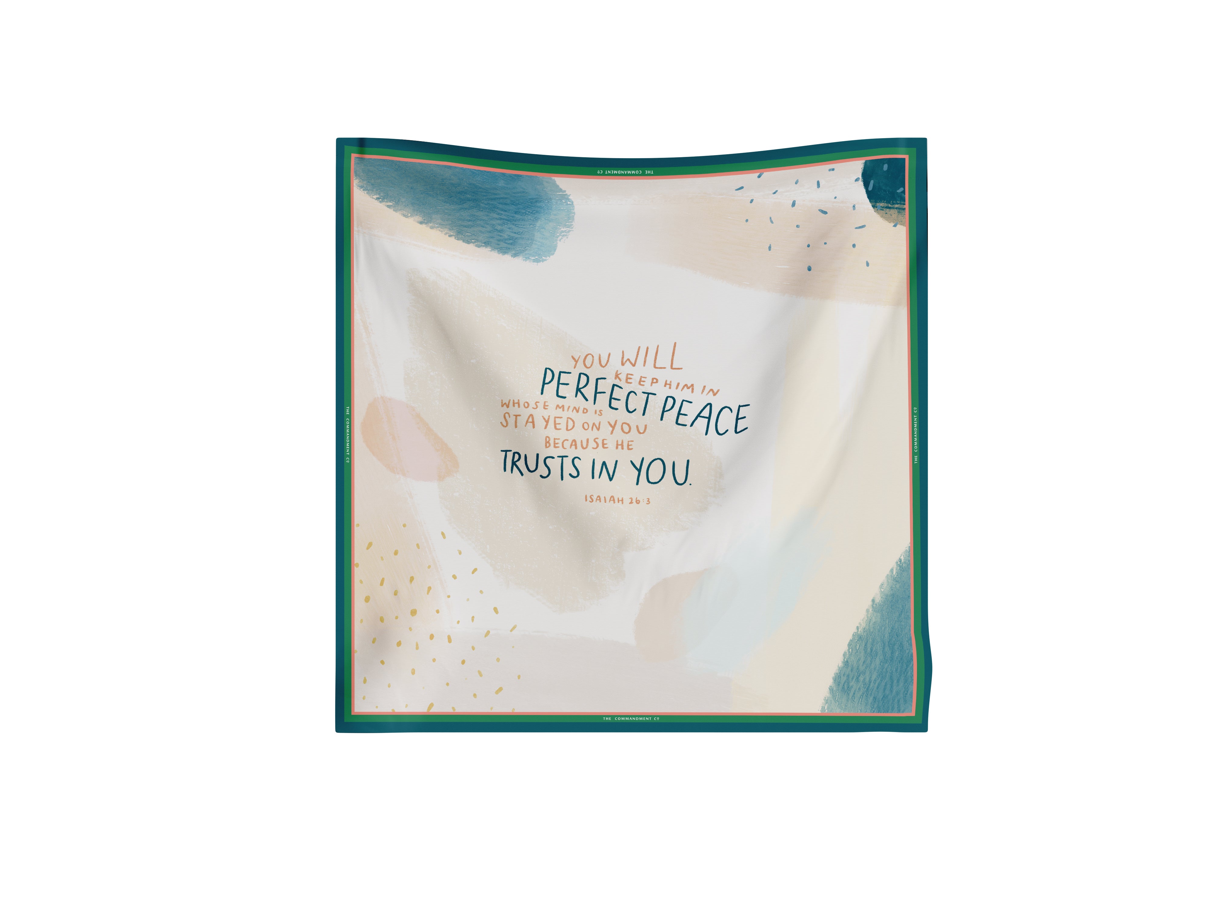 Perfect Peace Scarf with abstract print and Isaiah 26:3 quote, 130 cm long — a faith-forward accessory by The Commandment Co