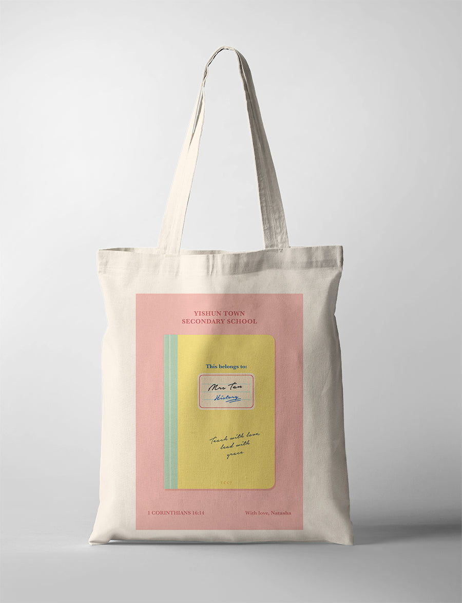 Personalised Teacher’s Day tote bag with pink and yellow notebook-inspired design, custom teacher name, school, subject, sender name, and verse