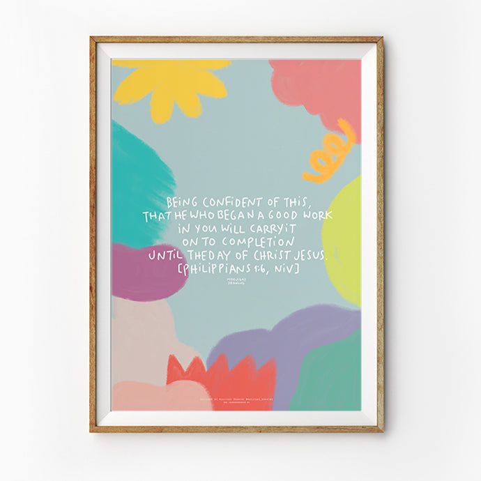 Colourful Christian poster featuring Philippians 1:6 about God carrying His good work to completion