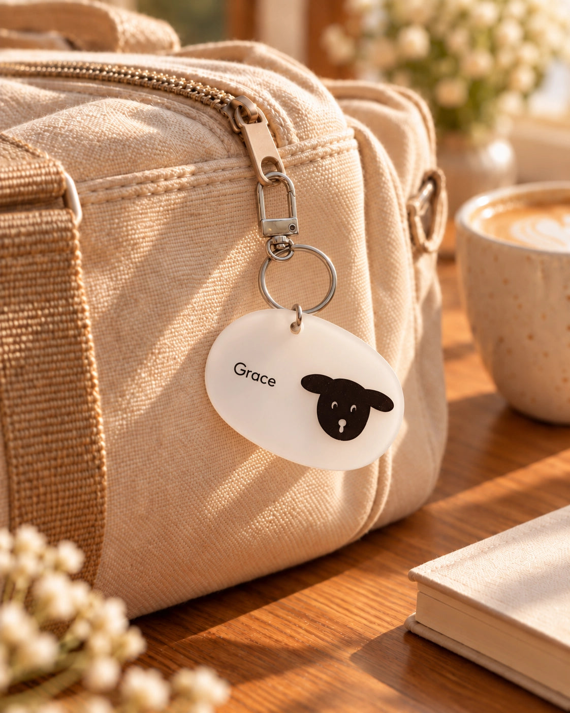 Pocket Psalms Grace sheep acrylic keychain clipped to the zipper of a beige travel bag in a warm sunlit setting.