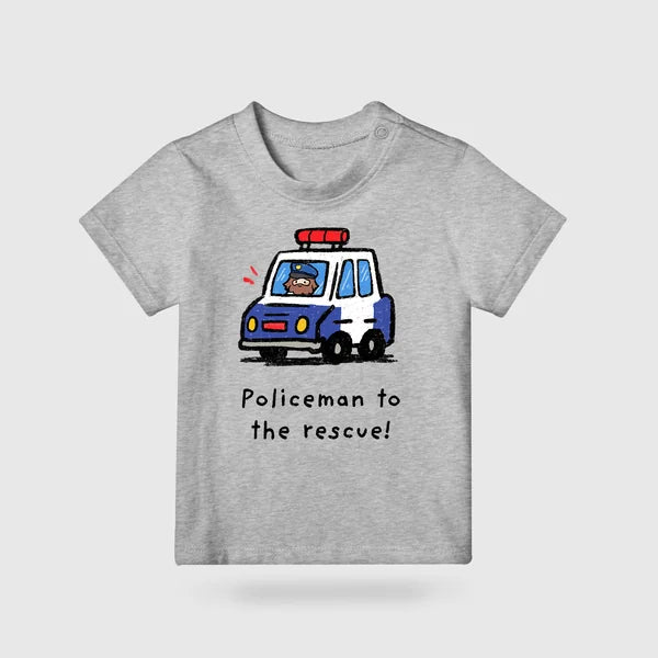 Grey Policeman to the Rescue kids T-shirt with blue police car and hand-drawn lettering