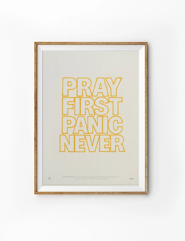 Pray First Panic Never outline Christian poster with hand-drawn yellow lettering on a soft neutral background