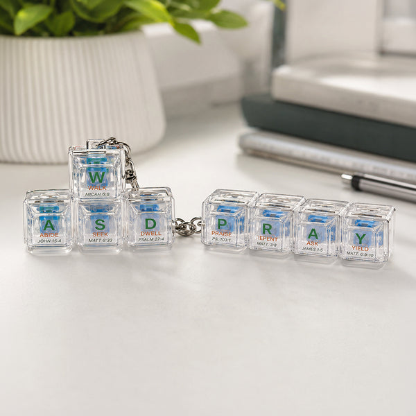 PRAY and WALK clear light-up keycap keychains displayed together