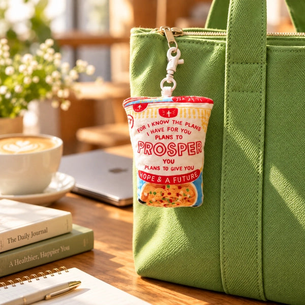Prosper Noodle plushie keychain clipped to a grass-green canvas bag in a sunlit café.