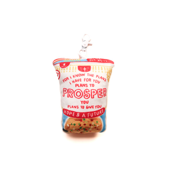 Prosper Noodle plushie keychain with cup noodle-inspired design and Jeremiah 29:11 hope and future reminder.