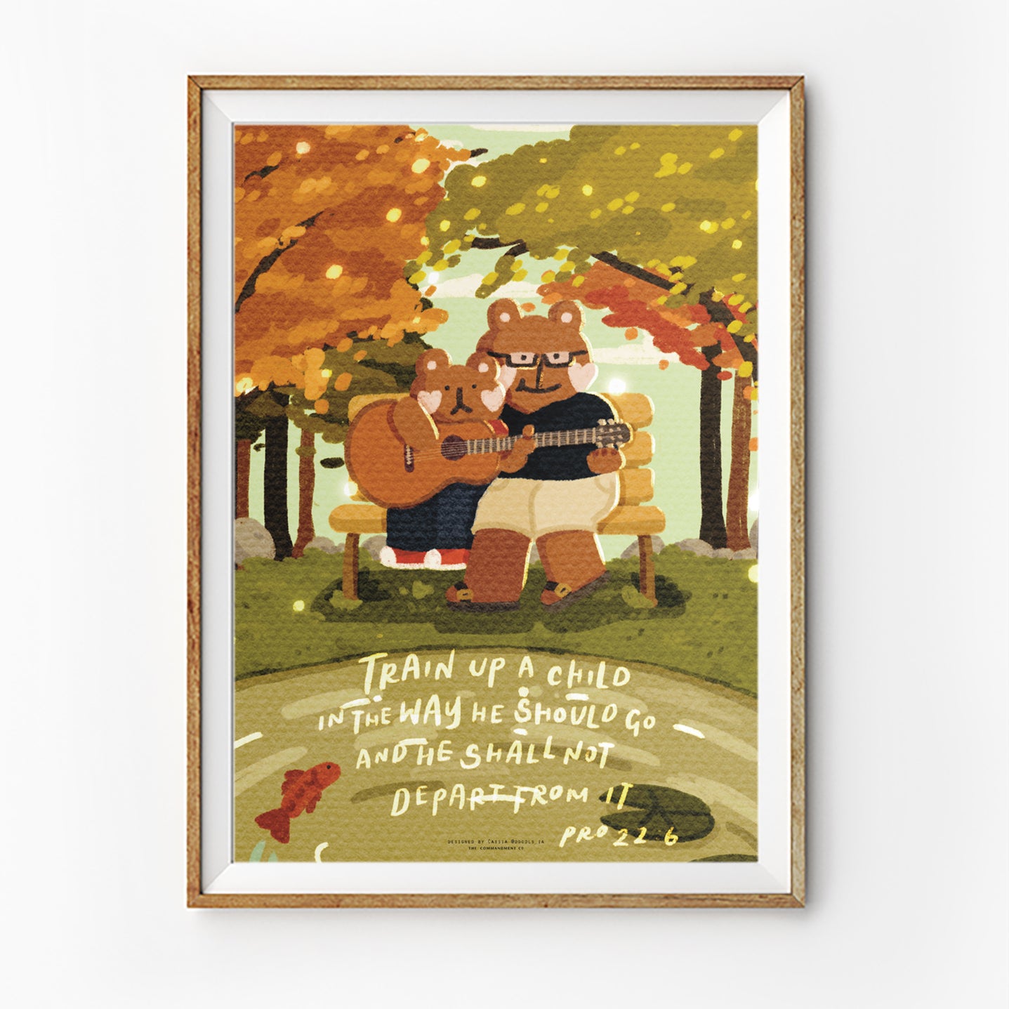 Christian poster featuring Proverbs 22:6, “Train up a child in the way he should go,” with a bear and child playing guitar on a park bench