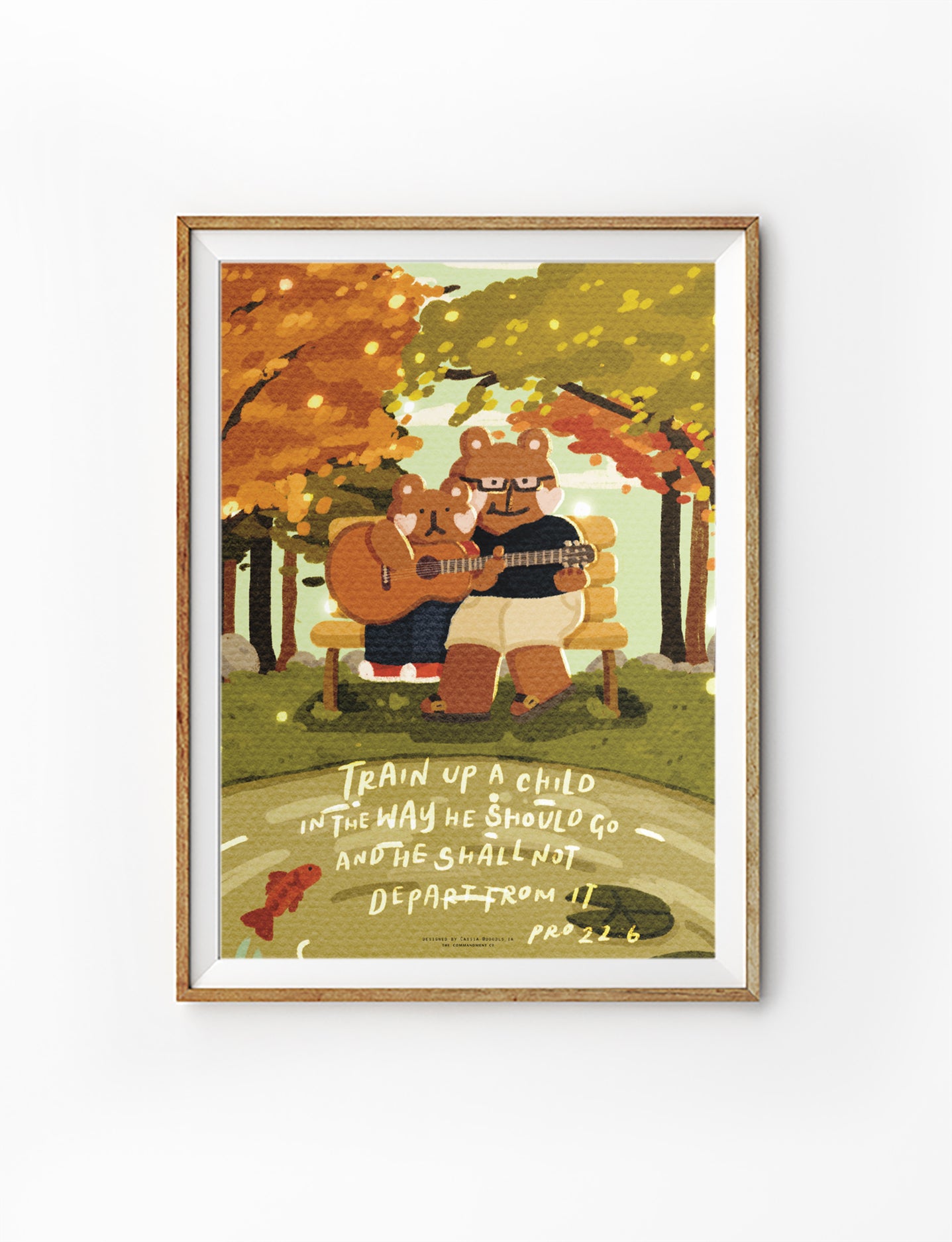 Christian poster featuring Proverbs 22:6, “Train up a child in the way he should go,” with a bear and child playing guitar on a park bench