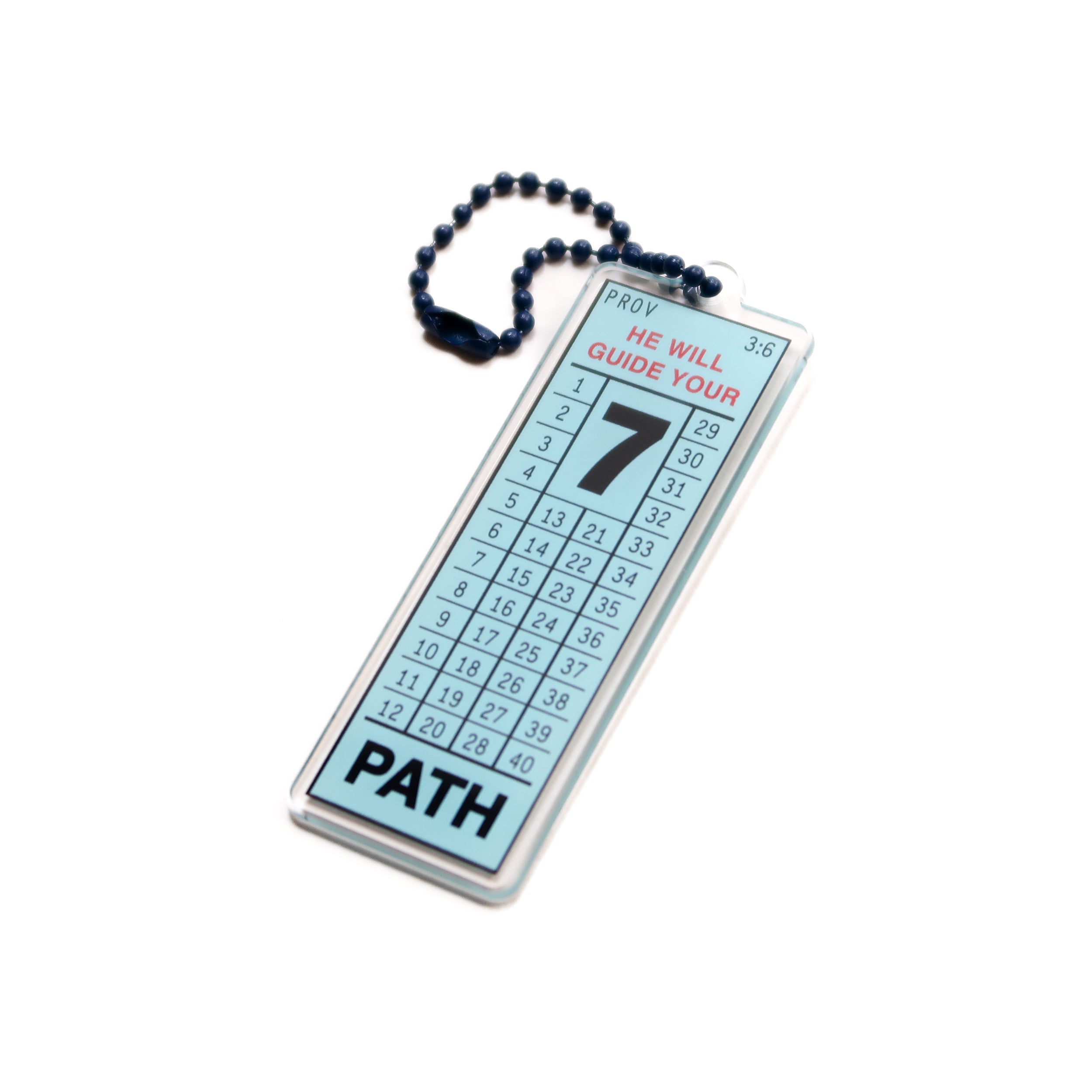 Acrylic keychain styled as an old school bus ticket with Proverbs 3:6, "He will guide your path," from The Commandment Co, Singapore.