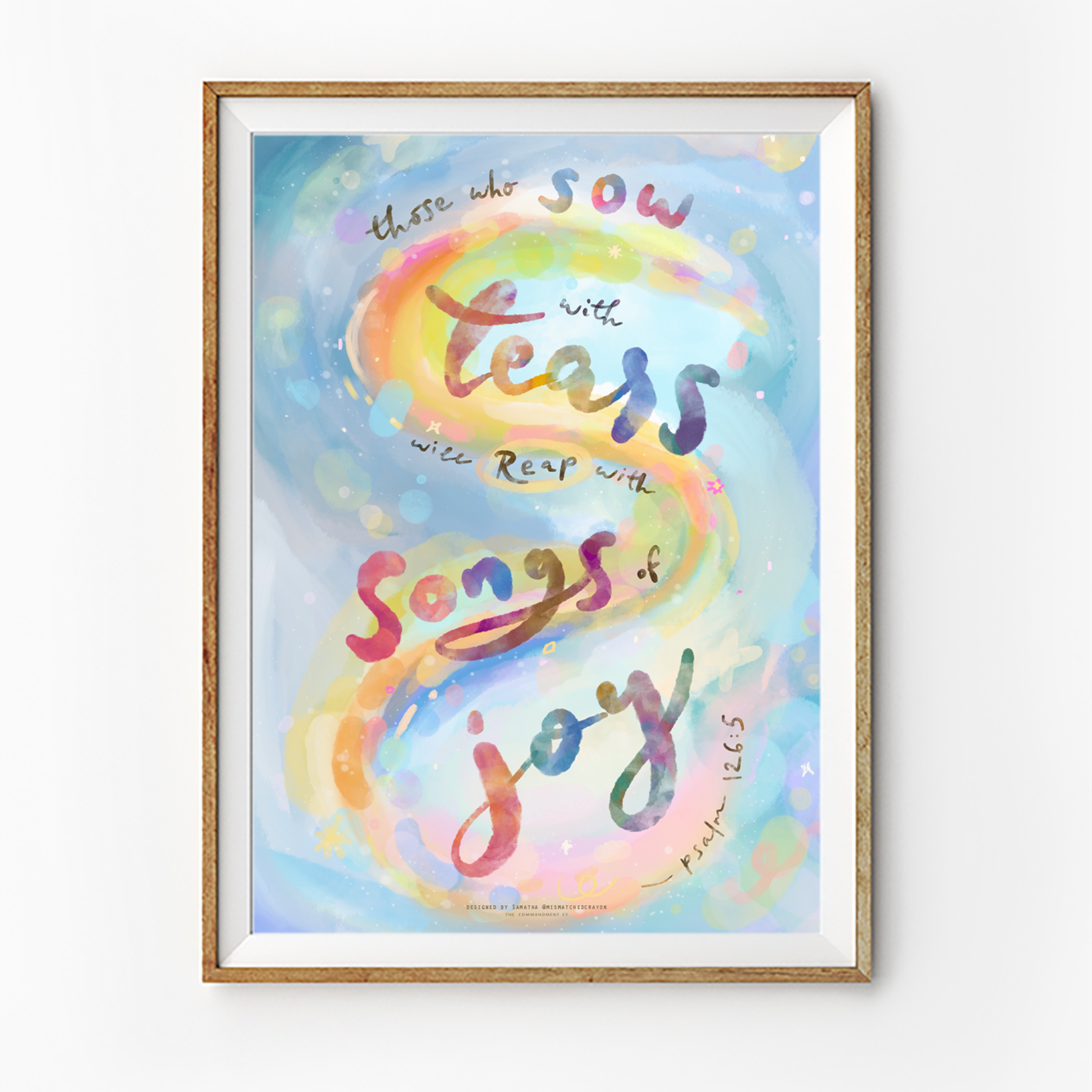 Faith-inspired Christian poster with Psalm 126:5 “Those who plant in tears will harvest with shouts of joy,” colorful watercolor lettering and dreamy background.