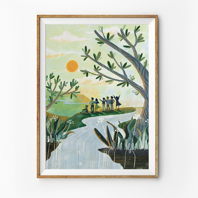 A peaceful landscape painting of a group of people rejoicing by a riverbank under a sunny sky, surrounded by trees and nature's beauty. A delightful wall art option from a Christian Gifts Shop in Singapore