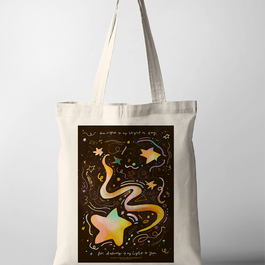Christian tote bag with Psalm 139:12 “To you the night shines as bright as day,” glowing stars and colorful celestial swirl illustration on dark background.