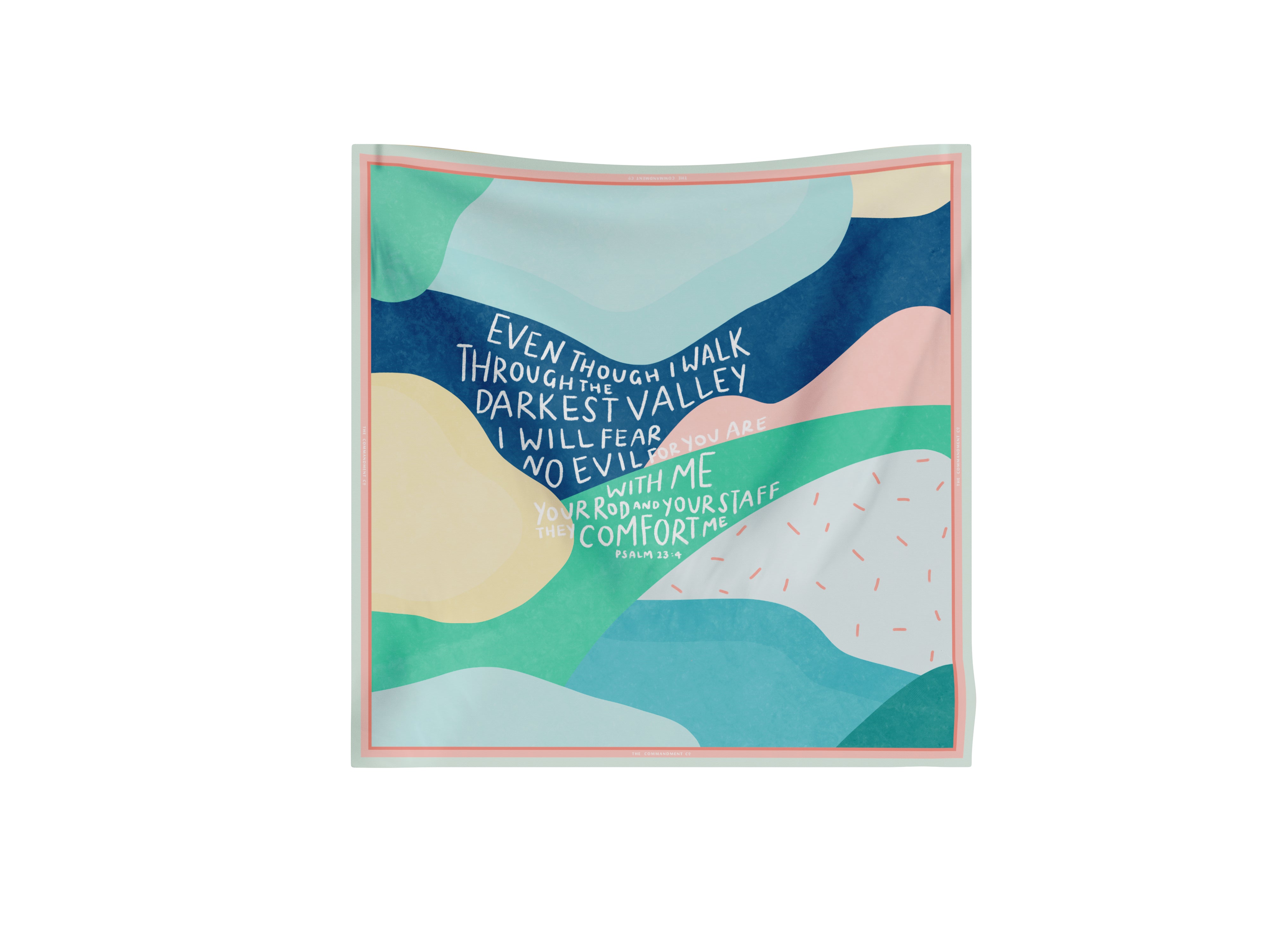Colorful abstract scarf featuring the Psalm 23:4 verse in white text, a vibrant Christian design by The Commandment Co.