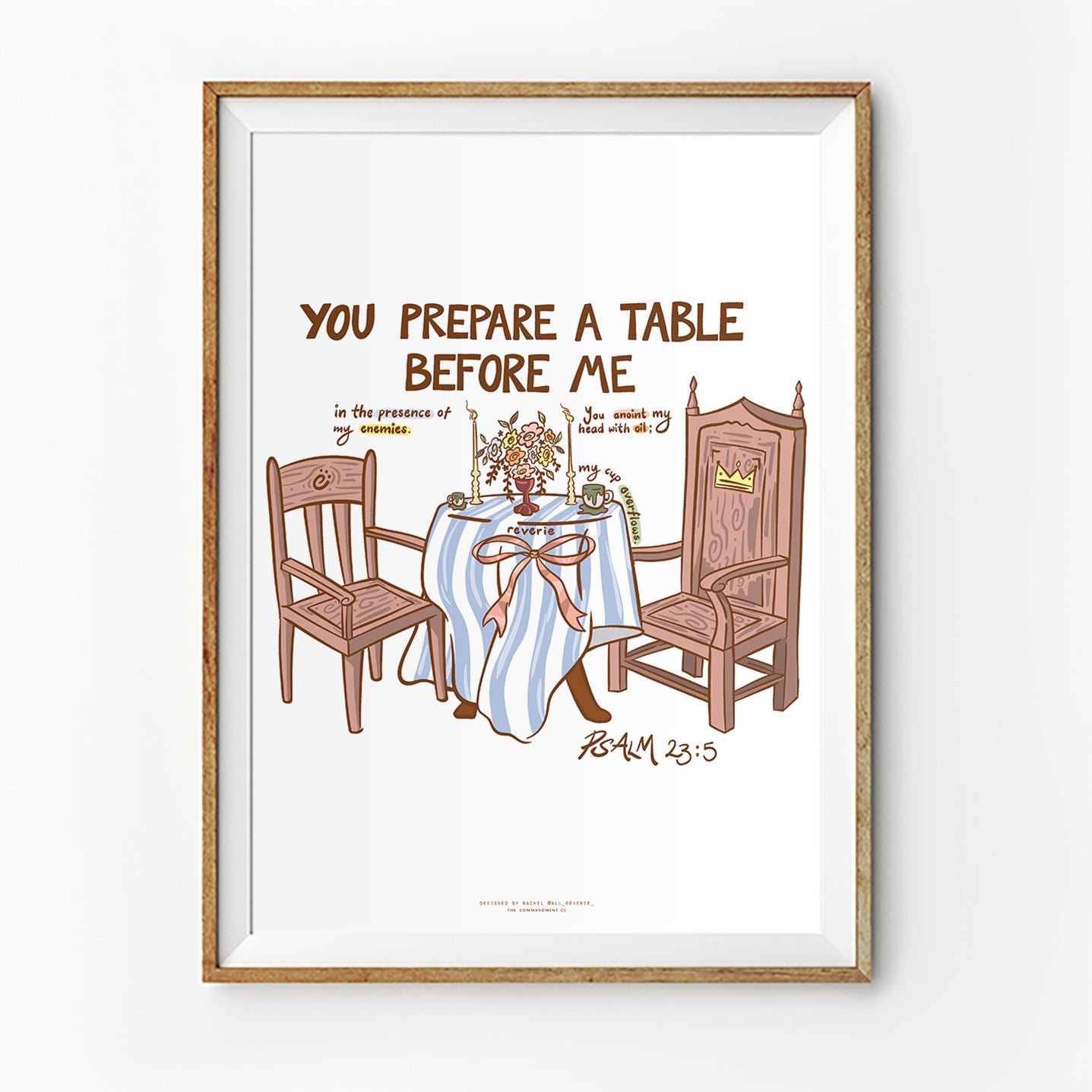 Christian poster with illustration of a prepared table, chairs and crown featuring the verse “You prepare a table before me” from Psalm 23:5 in a warm minimal style