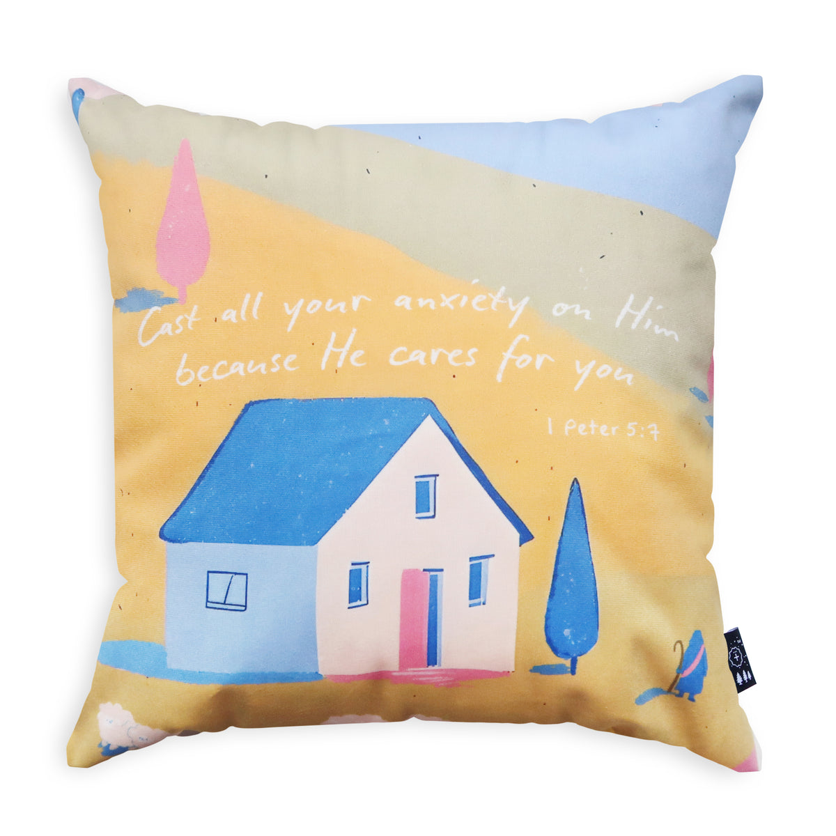 He Makes Me Lie Down in Green Pastures Christian cushion cover design view.