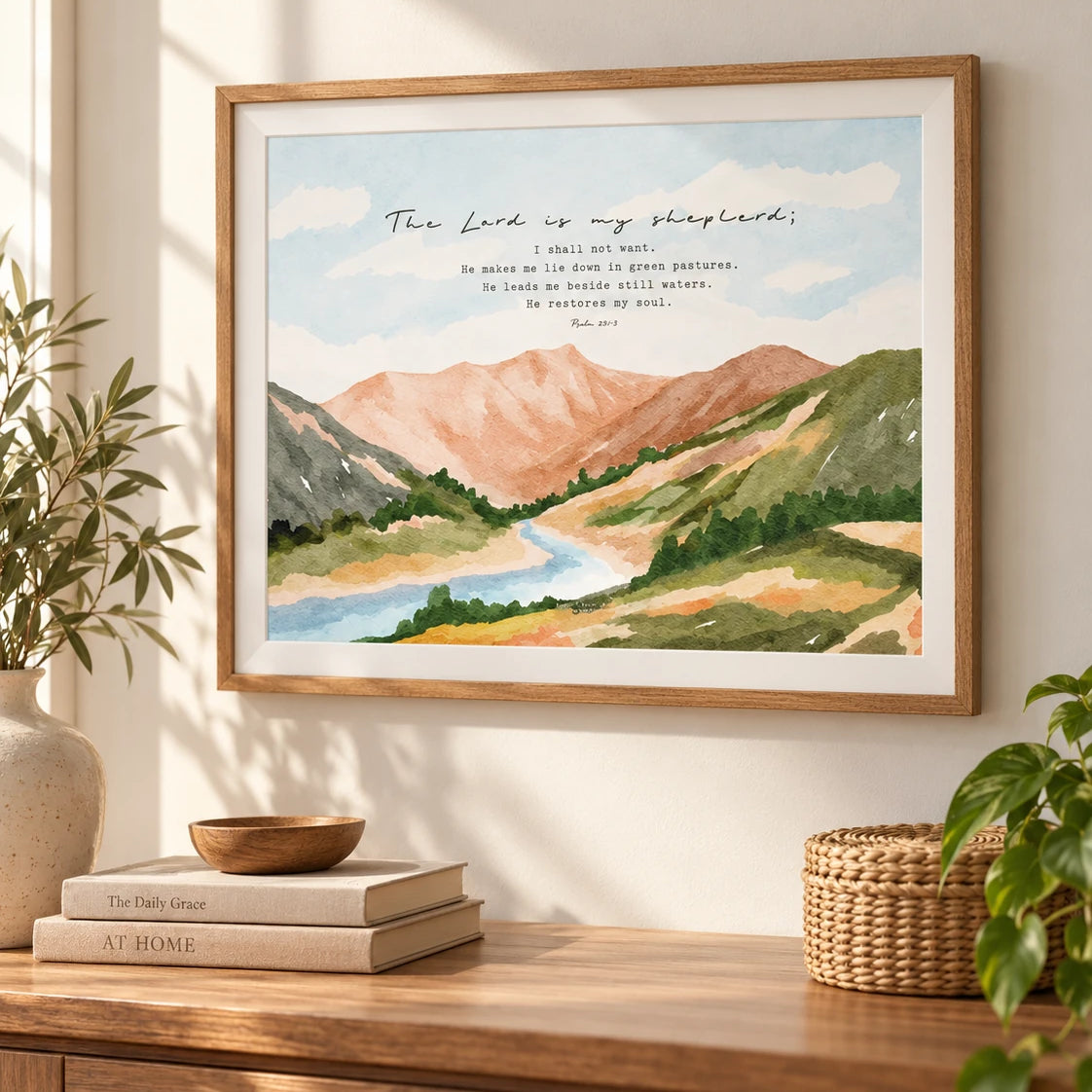 Psalm 23 watercolour landscape poster framed on a warm neutral wall