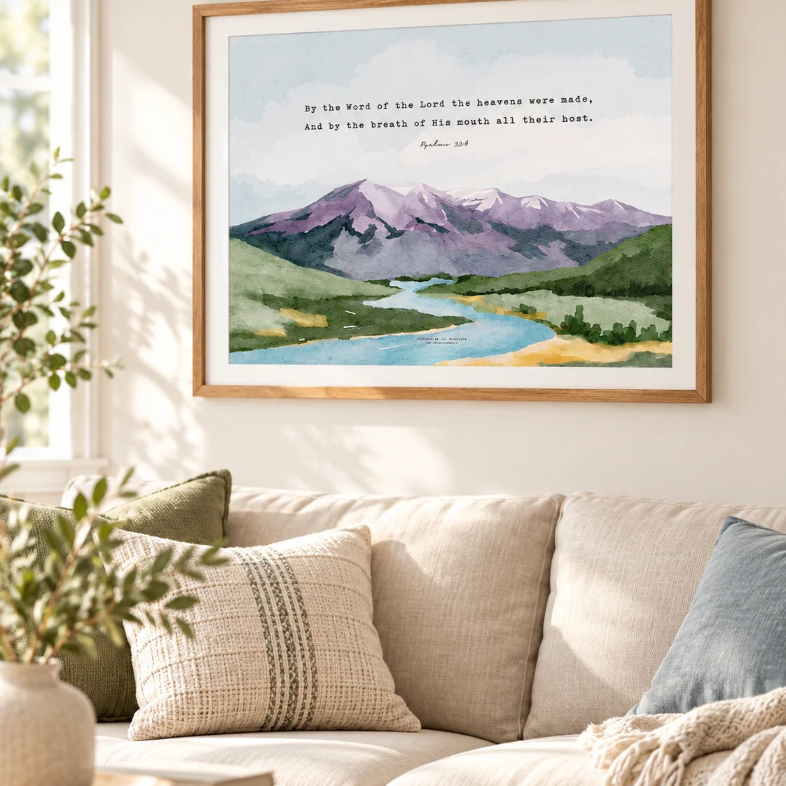 Psalm 33:6 Christian landscape poster framed above a sofa