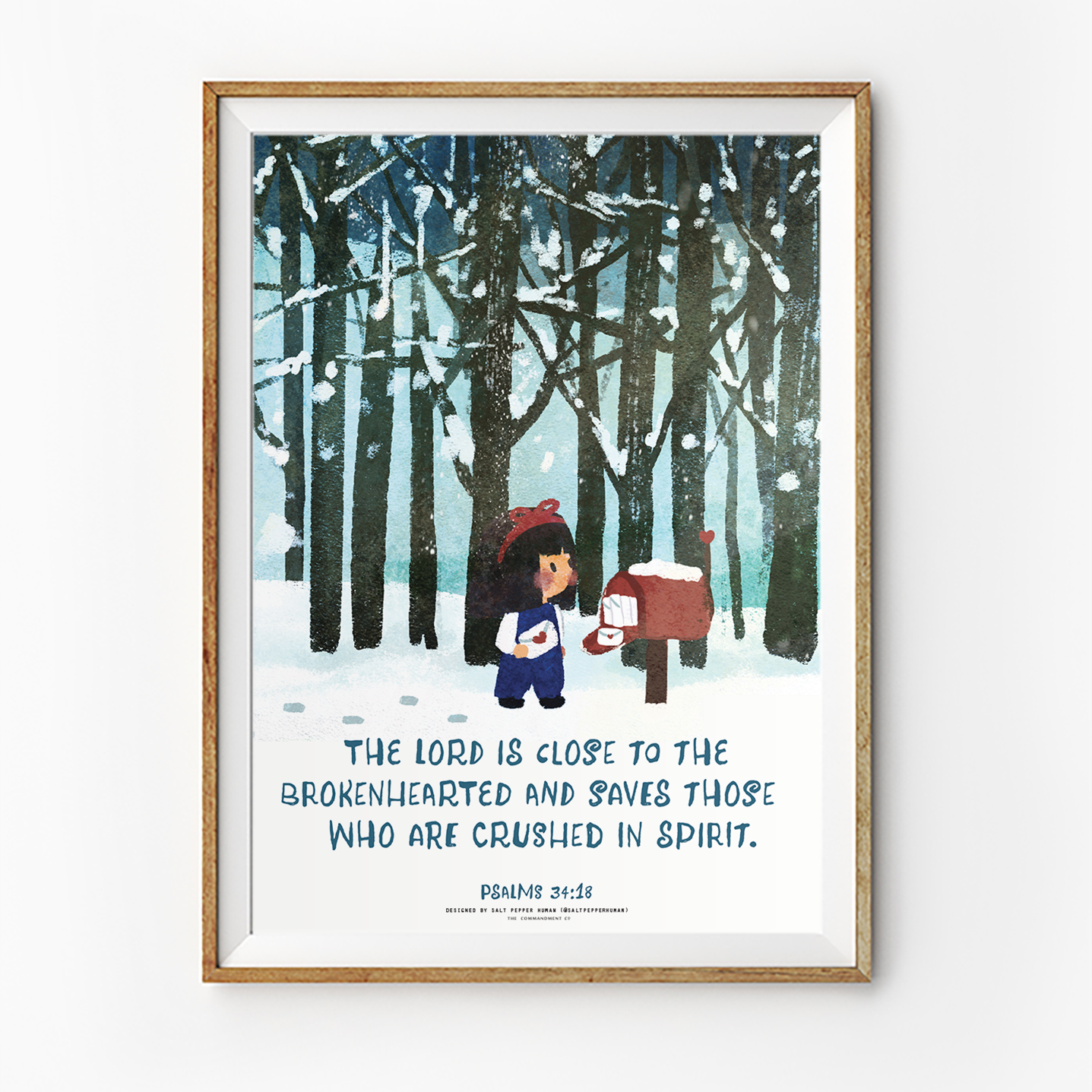 Christian poster with Psalm 34:18 “The Lord is close to the brokenhearted,” showing girl posting a letter in snowy forest scene.