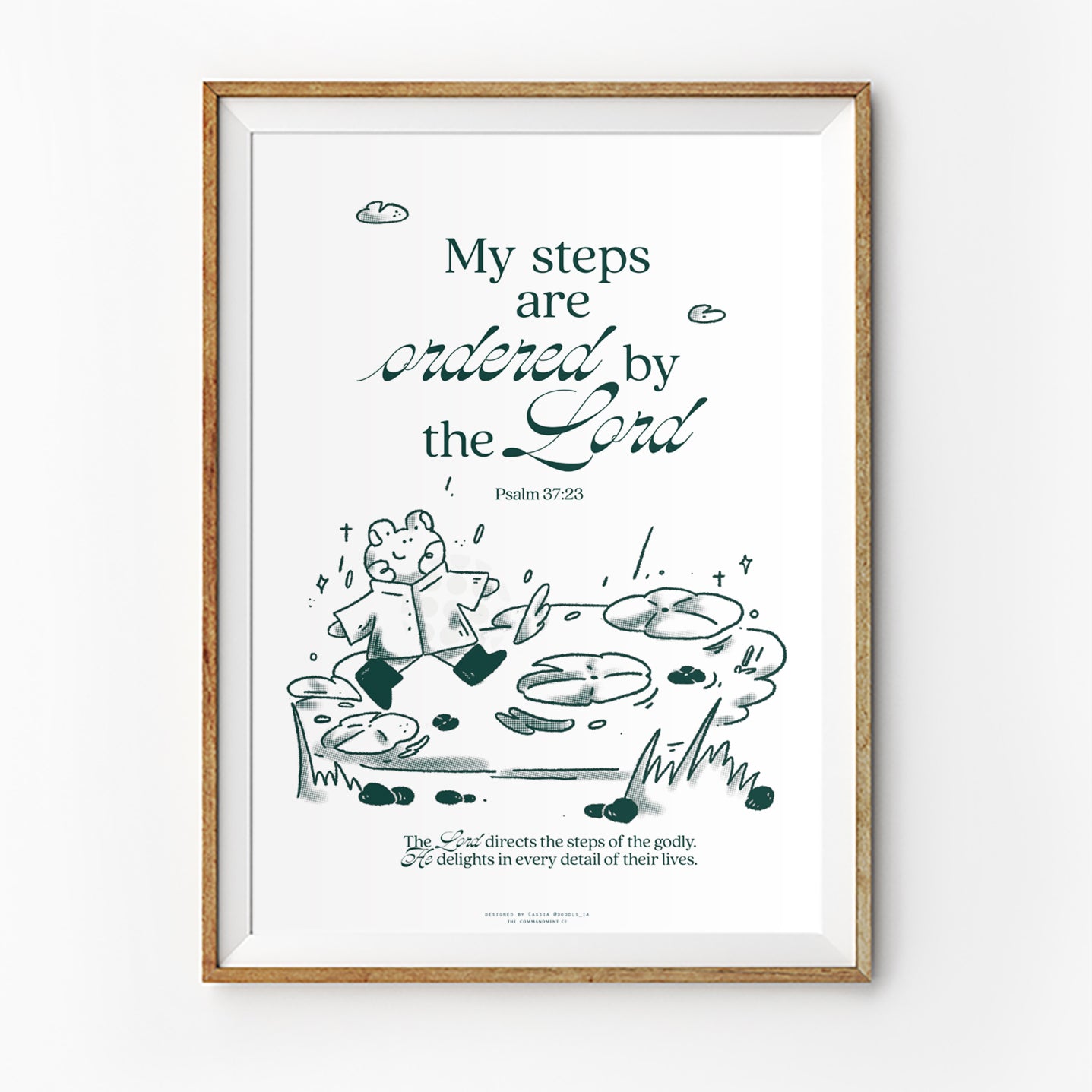 Christian poster featuring Psalm 37:23, “My steps are ordered by the Lord,” with an illustrated character walking on lily pads