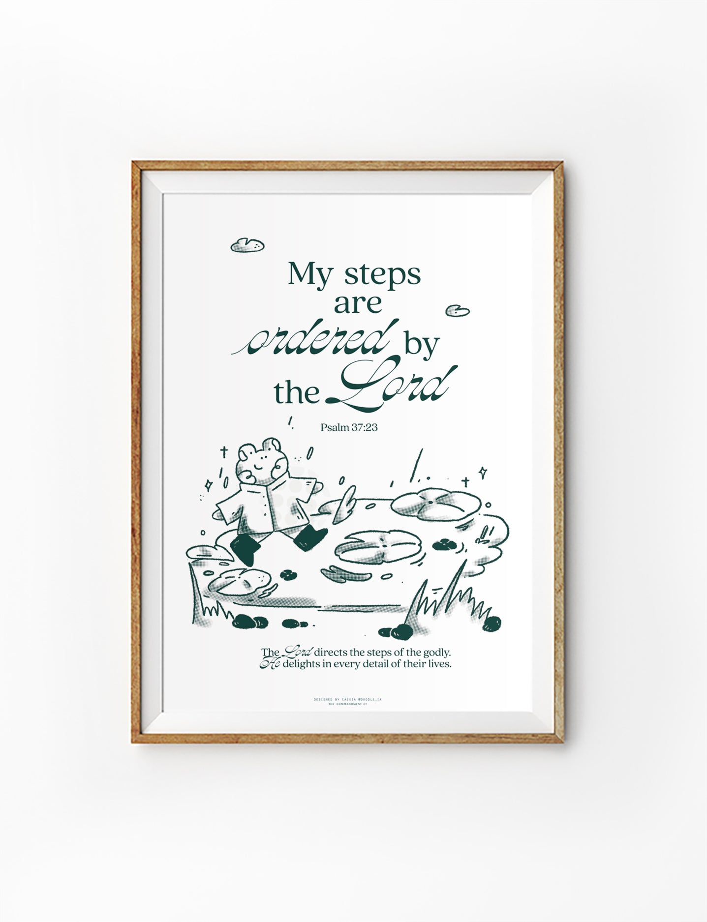 Christian poster featuring Psalm 37:23, “My steps are ordered by the Lord,” with an illustrated character walking on lily pads