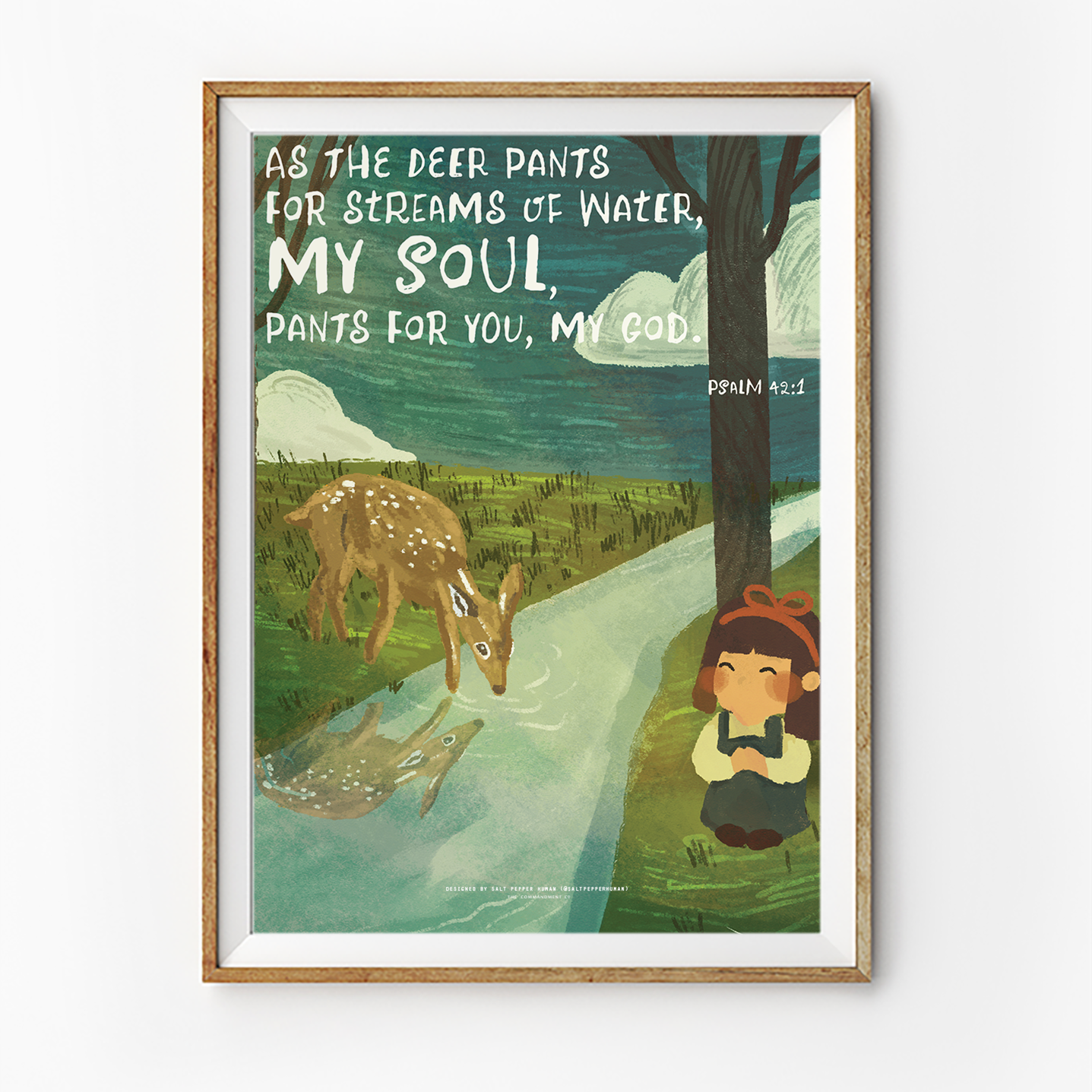 Christian art print with Psalm 42:1 “As the deer pants for streams of water,” showing a deer drinking by a river and girl praying.