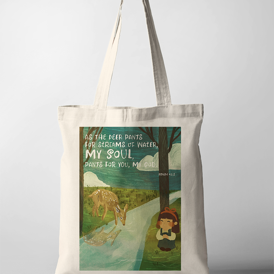 Christian tote bag with Psalm 42:1 “As the deer longs for streams of water,” deer by river artwork, inspirational Bible verse canvas bag.
