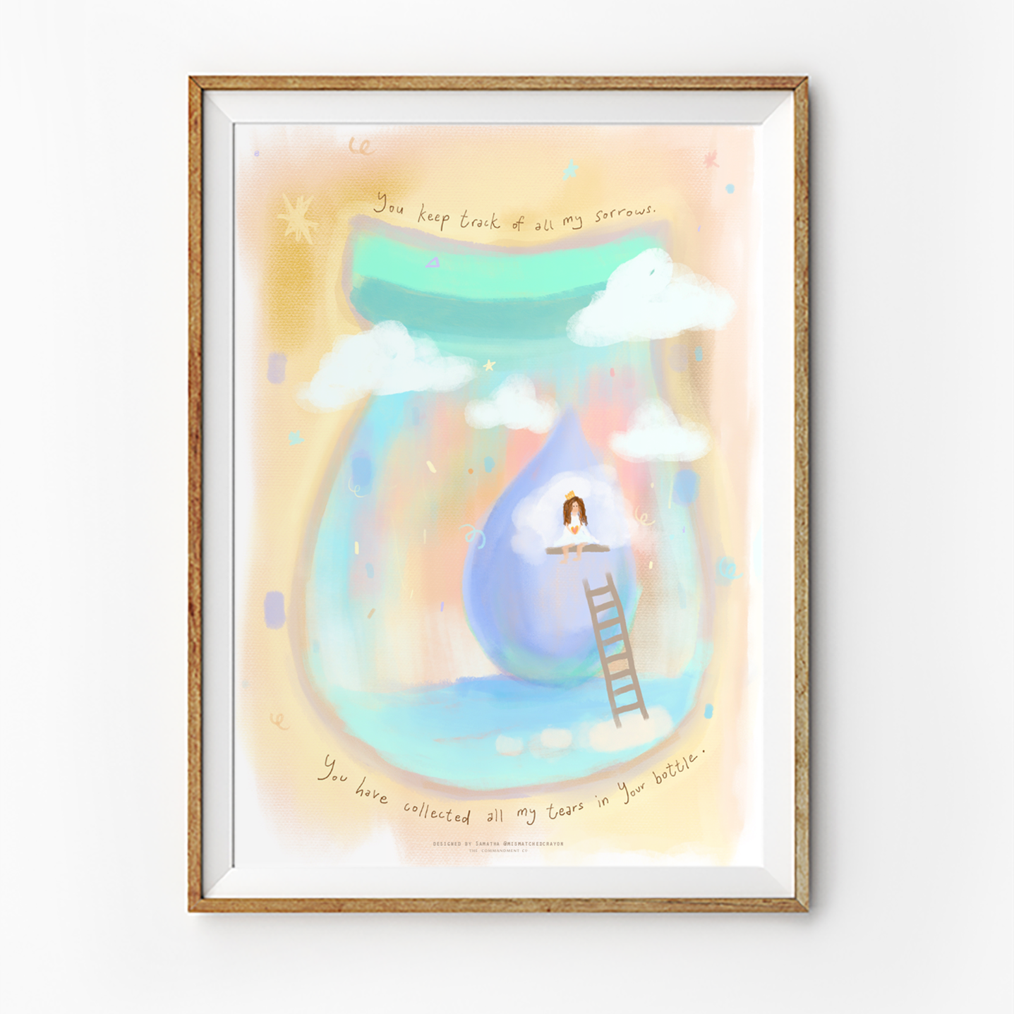 Christian poster featuring Psalm 56:8 “You have collected all my tears in your bottle,” soft pastel illustration with clouds, ladder, and girl in a tear-shaped jar.