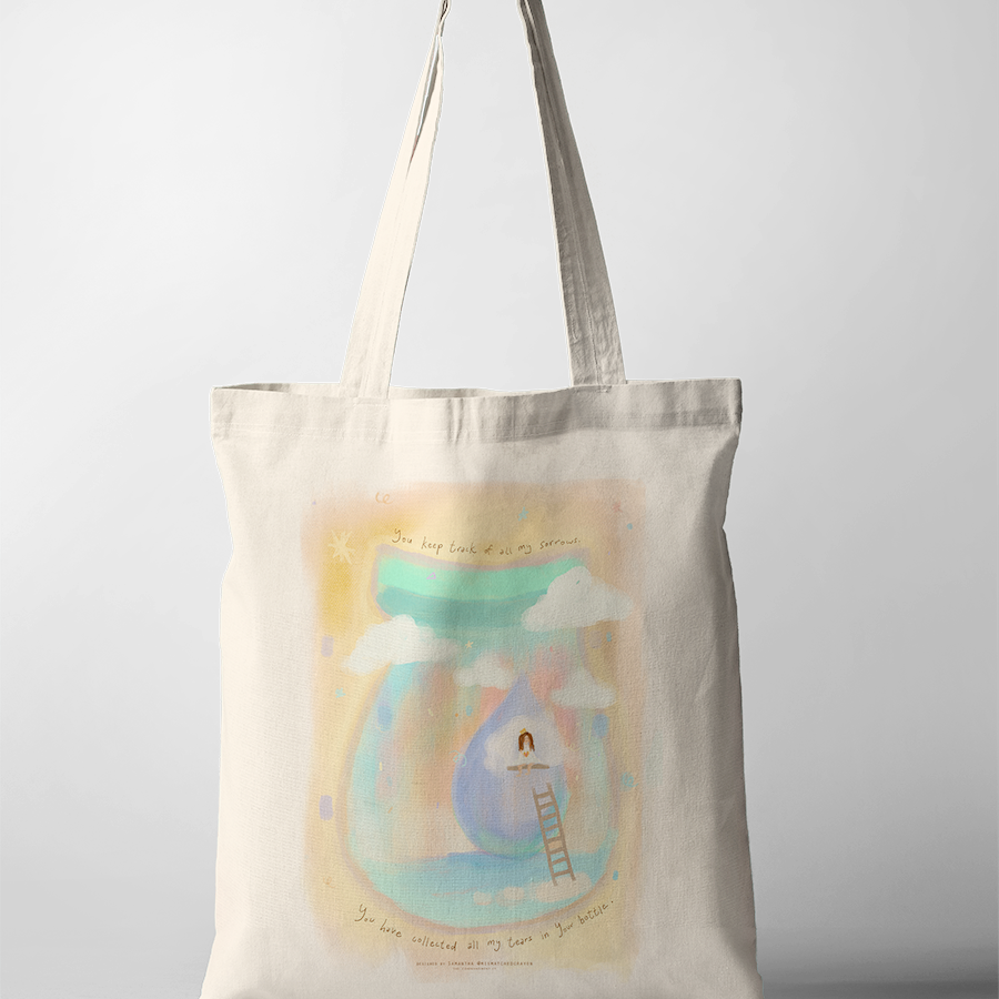 Faith-inspired tote bag featuring Psalm 56:8 “You have collected all my tears in your bottle,” soft pastel artwork of a girl sitting on a cloud above a large teardrop jar.