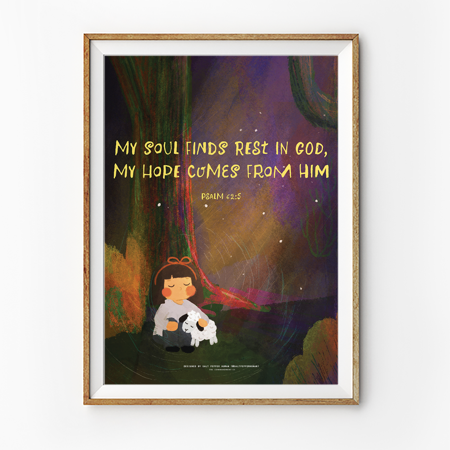 Christian wall art with Psalm 62:5 “My soul finds rest in God, my hope comes from Him,” featuring girl resting with lamb in forest.