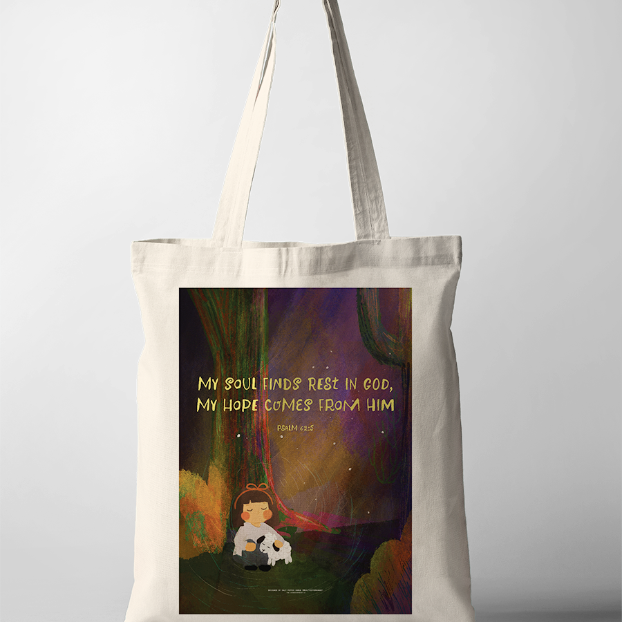 Christian tote bag featuring Psalm 62:5 “Let all that I am wait quietly before God, for my hope is in him,” peaceful girl and lamb artwork, scripture canvas tote.