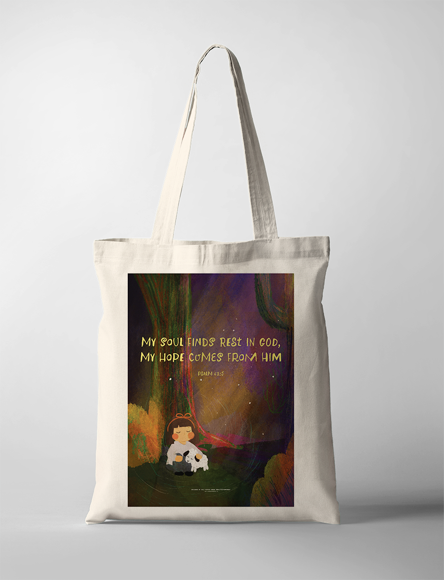 Christian tote bag featuring Psalm 62:5 “Let all that I am wait quietly before God, for my hope is in him,” peaceful girl and lamb artwork, scripture canvas tote.